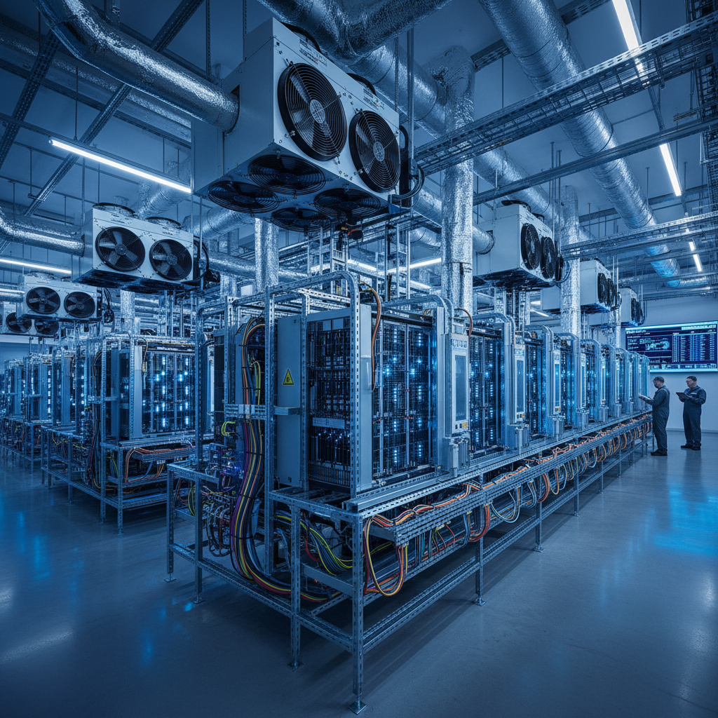 Large-scale cryptocurrency mining facility with ASIC miners and industrial cooling systems