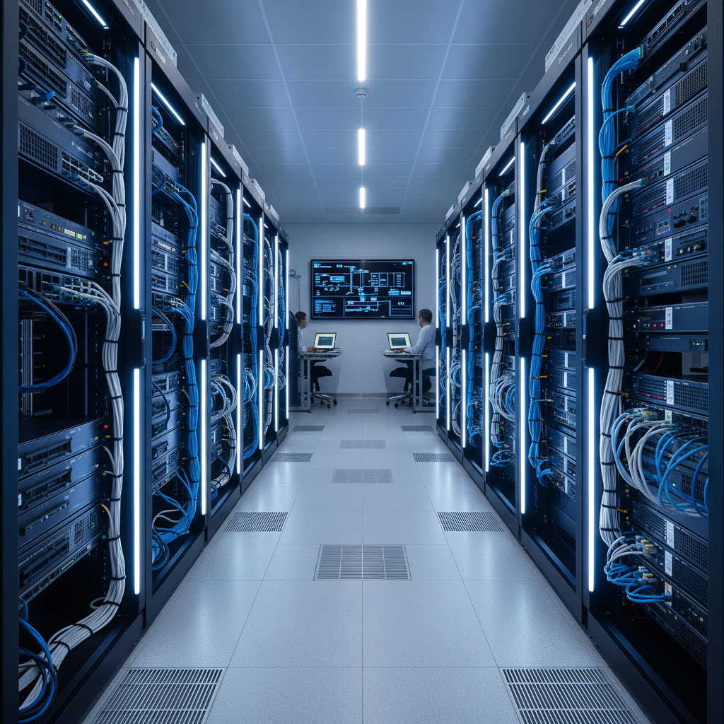 Enterprise IT server room with organized network infrastructure and modern rack-mounted servers