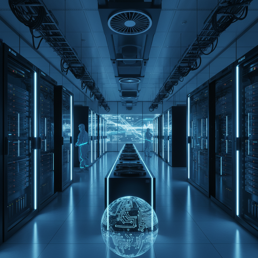 Modern enterprise data center with server racks and blue LED lighting