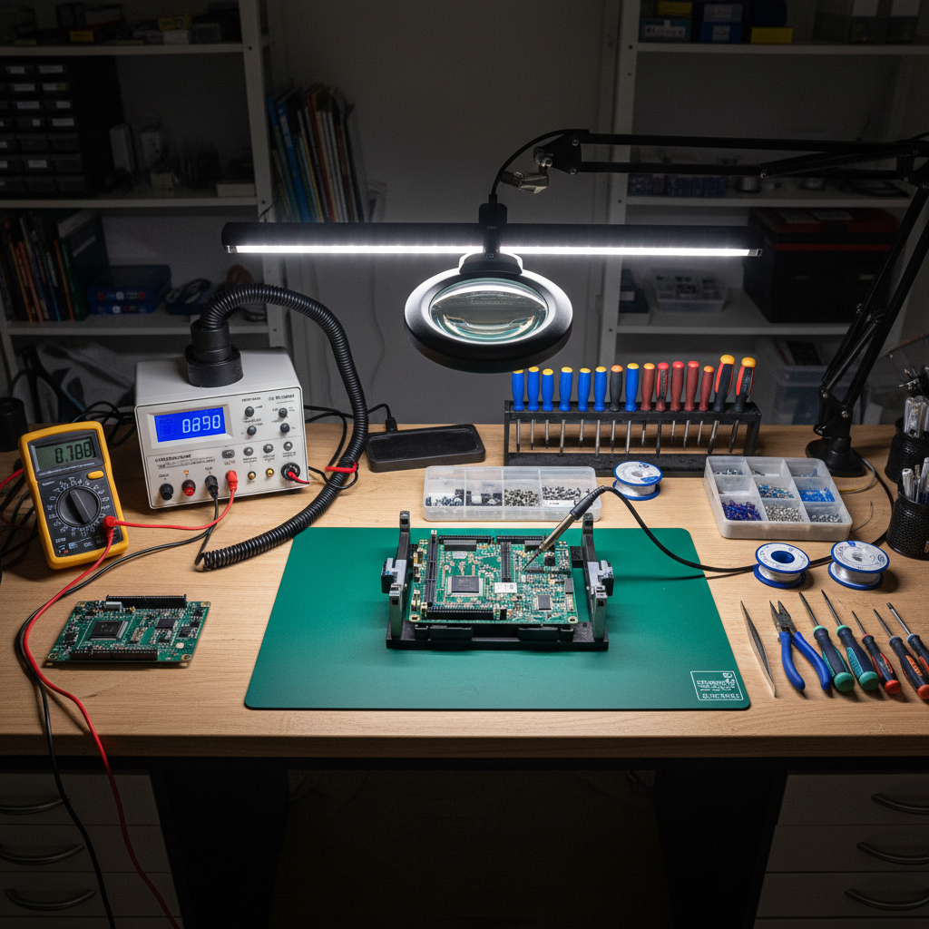 Professional electronics repair workbench with organized tools, multimeter, soldering station, and circuit boards