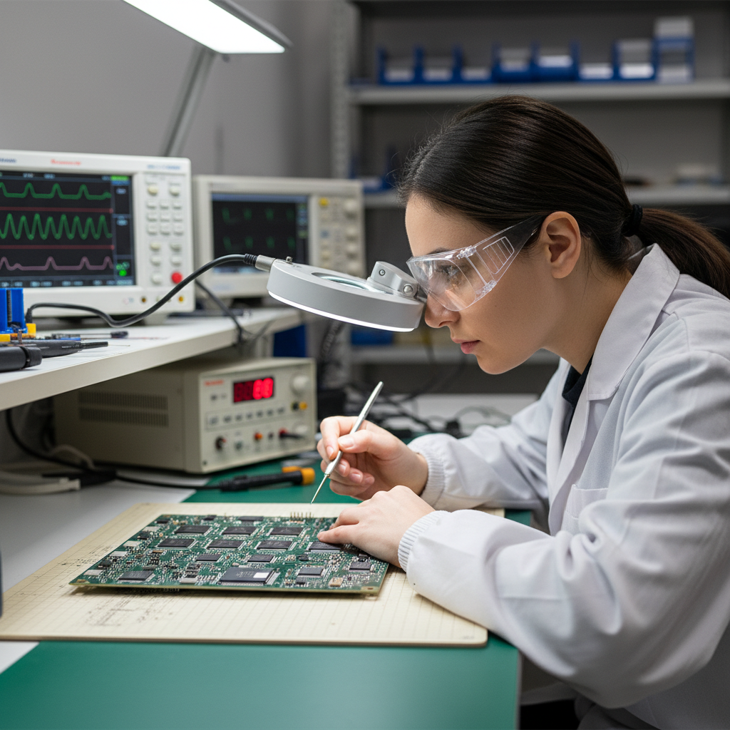 Female electronics engineer wearing safety glasses examining ASIC miner circuit board with magnifying tool