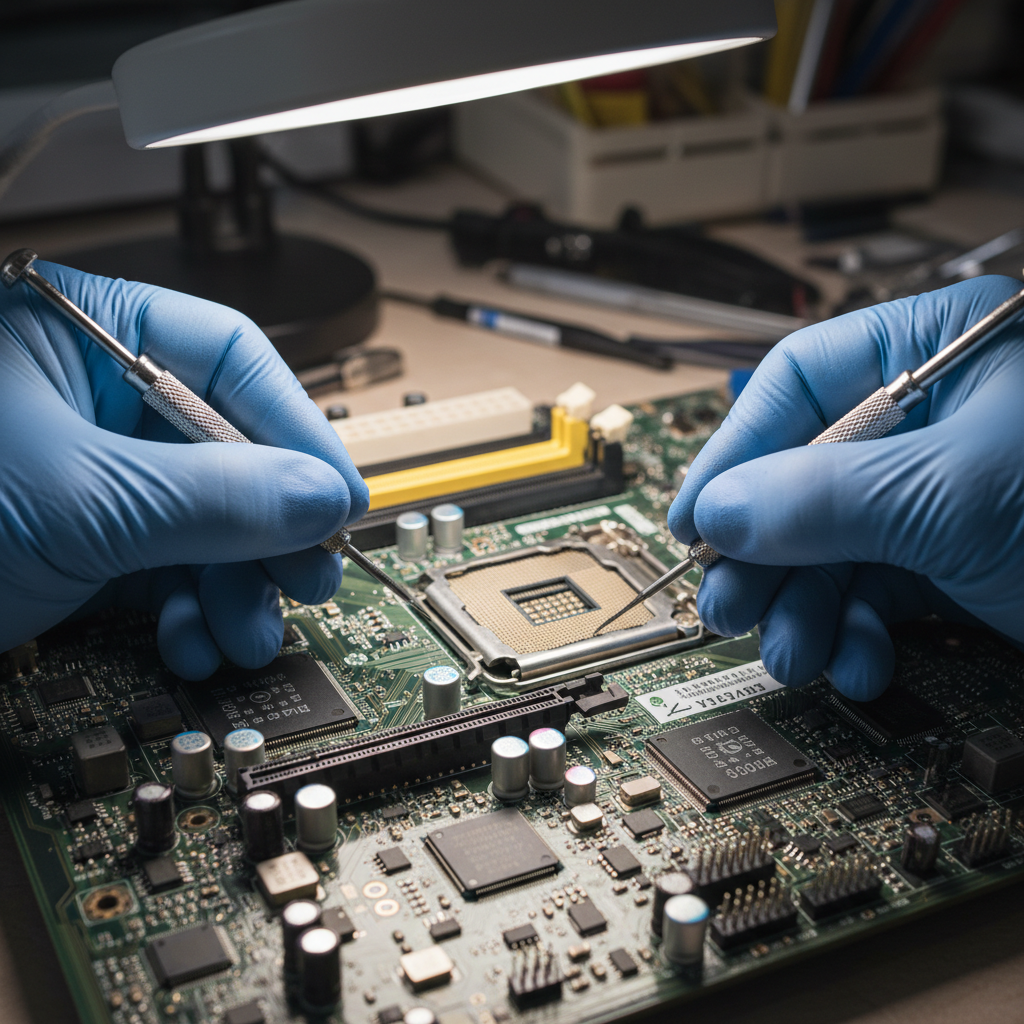 Close-up of precision motherboard component repair work with professional tools and equipment