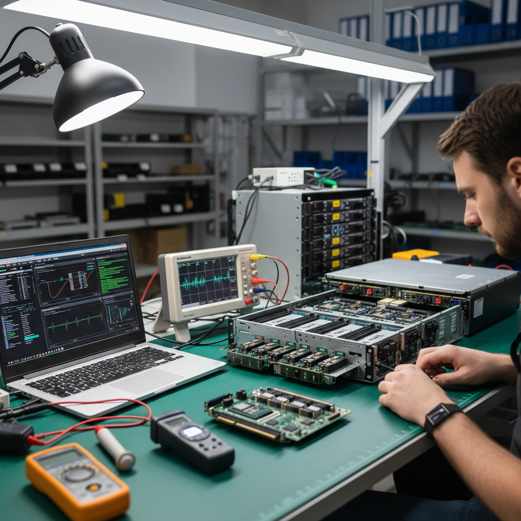Professional diagnostic testing of server hardware with advanced testing equipment and diagnostic tools