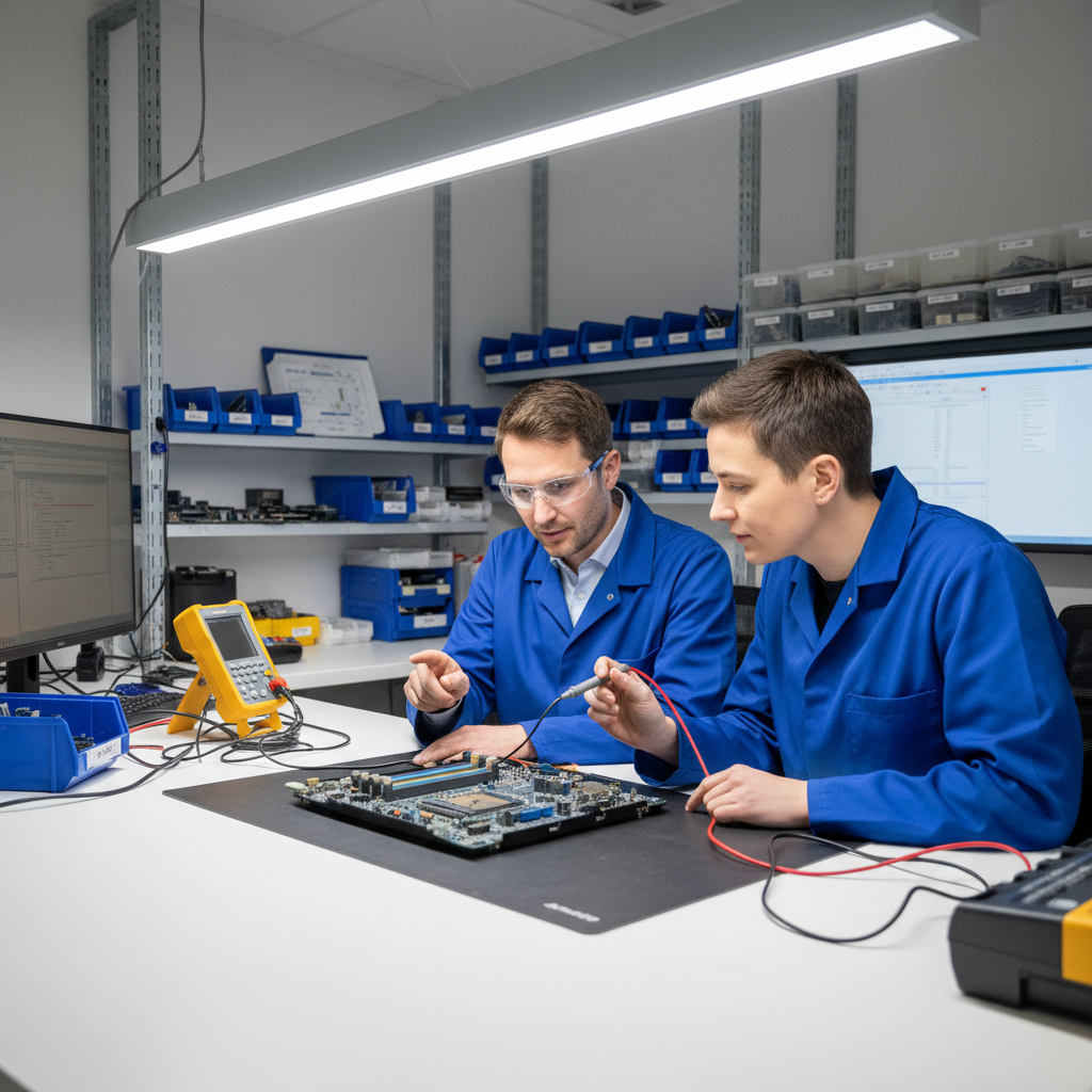 Team of two technicians collaborating on computer motherboard repair in modern repair facility