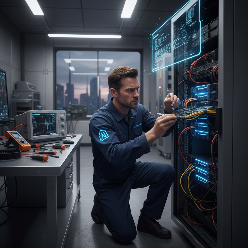 Professional IT technician in blue work uniform carefully repairing an AI server with multiple GPUs