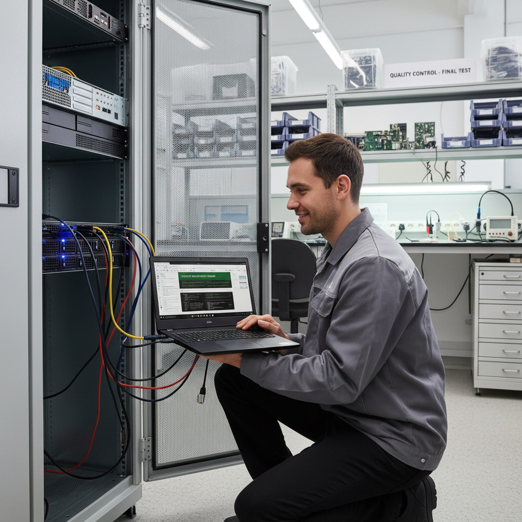 Male technician testing repaired server equipment with laptop showing diagnostic software