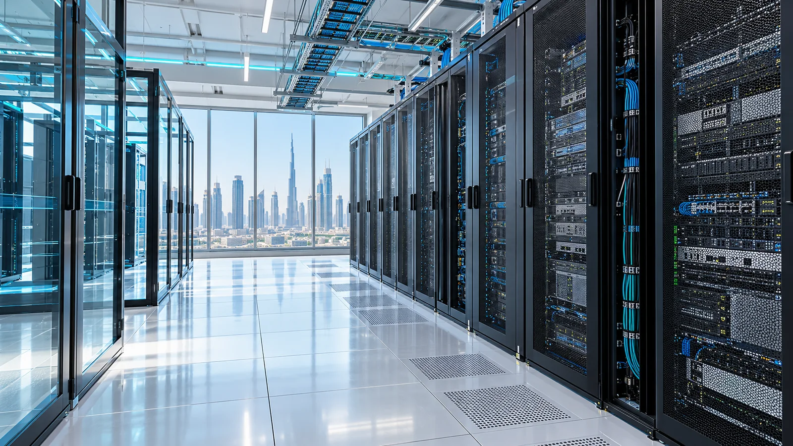 Illustrative bright data center with server racks