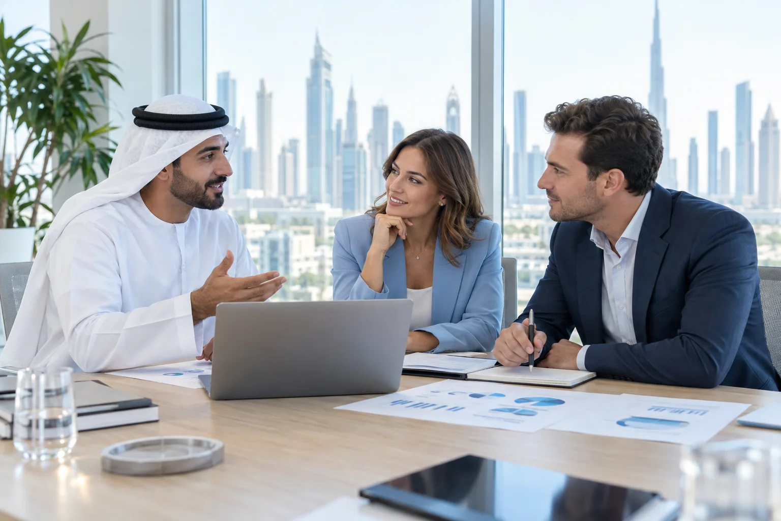 Illustrative client and technology consultants reviewing a project together