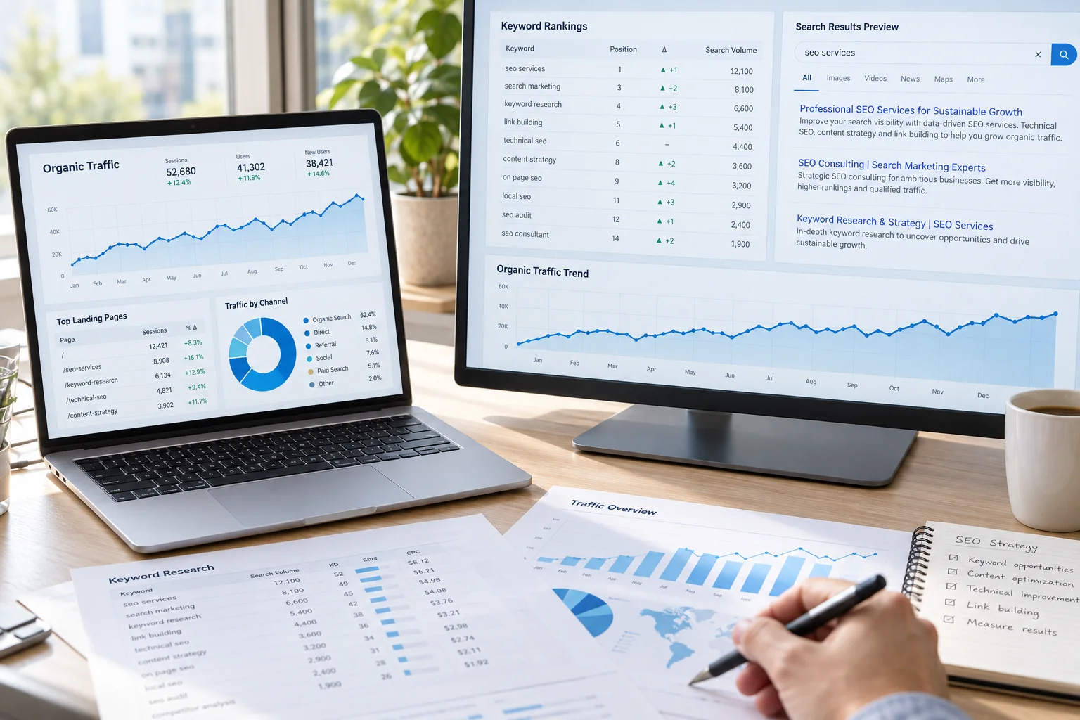 Illustrative search marketing workspace with analytics