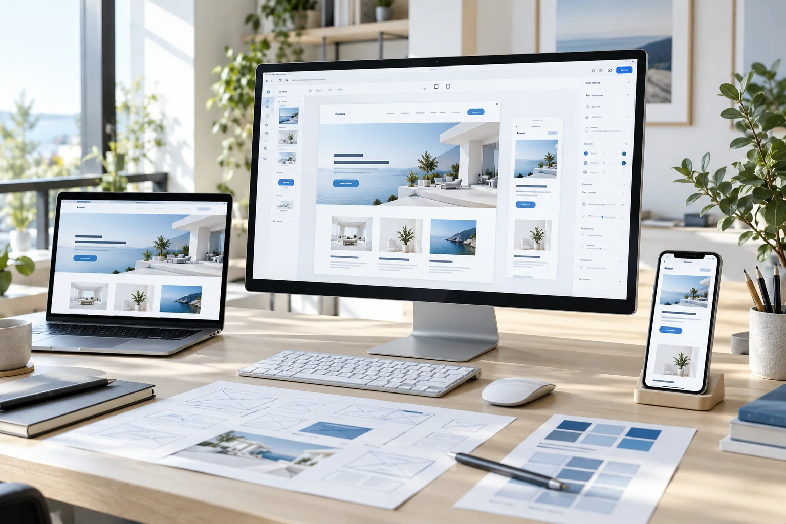 Illustrative web design workspace with desktop and mobile layouts
